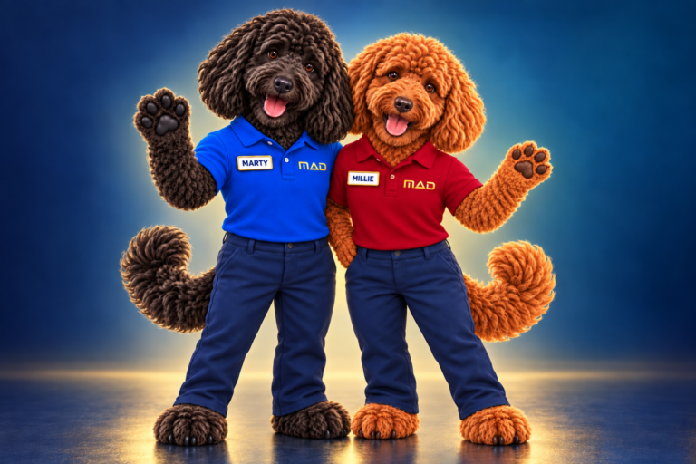 Marty in a blue MAD polo and Millie in a red MAD polo, waving together