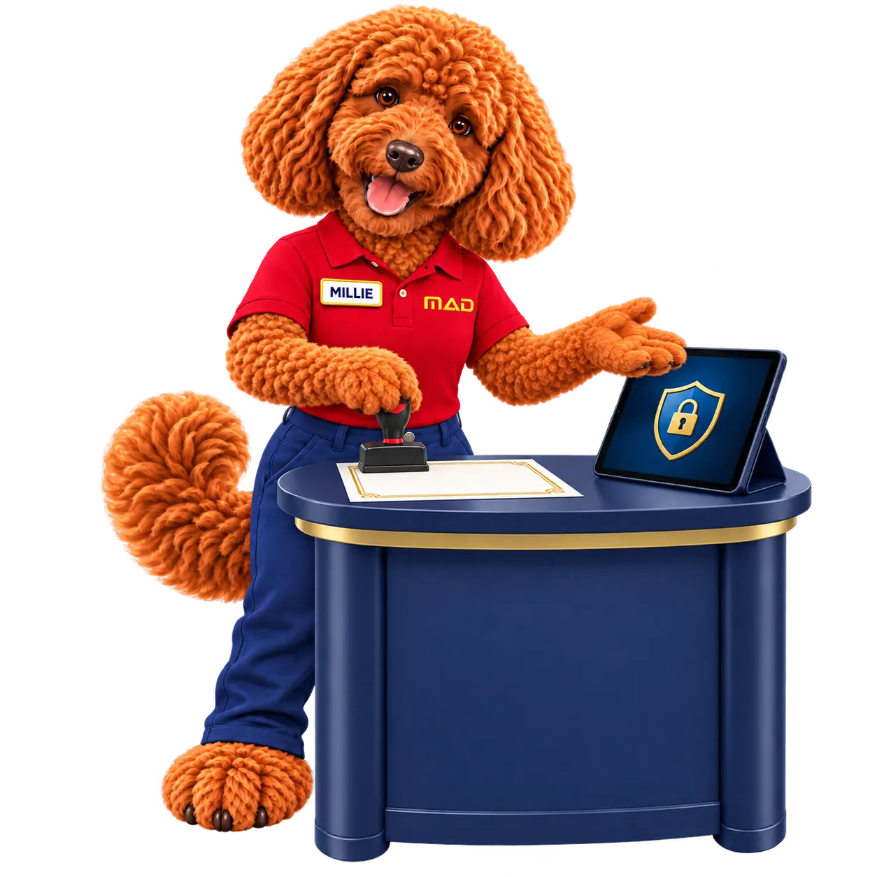 Millie preparing client service documents at the MAD Insurance service desk